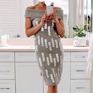 Walter | Grey Sweater Dress Off Shoulder Rabbit Hair Blend Metallic Embellished